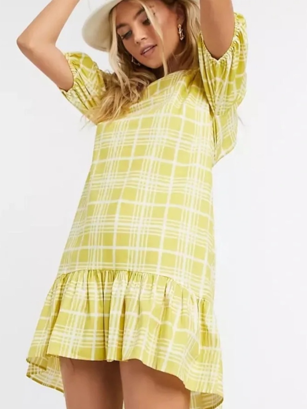 Topshop Yellow White Plaid Ruffle-Hem Tunic